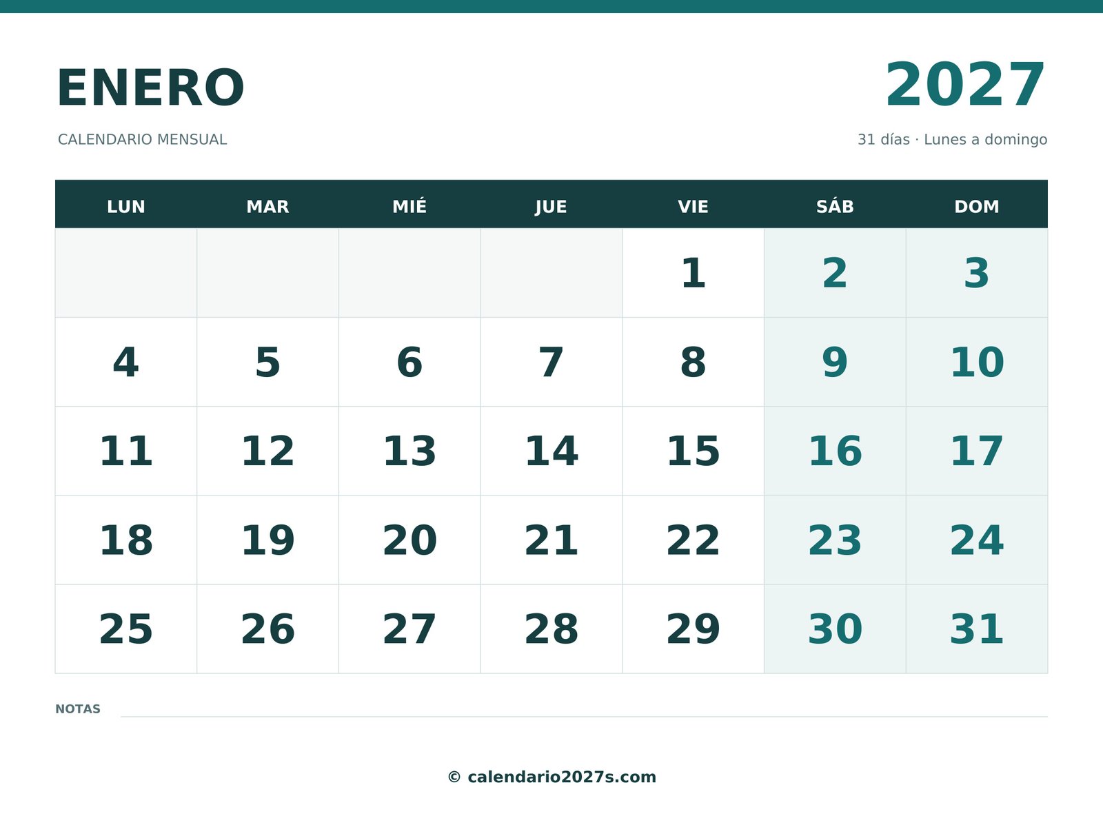 Calendario de enero de 2027