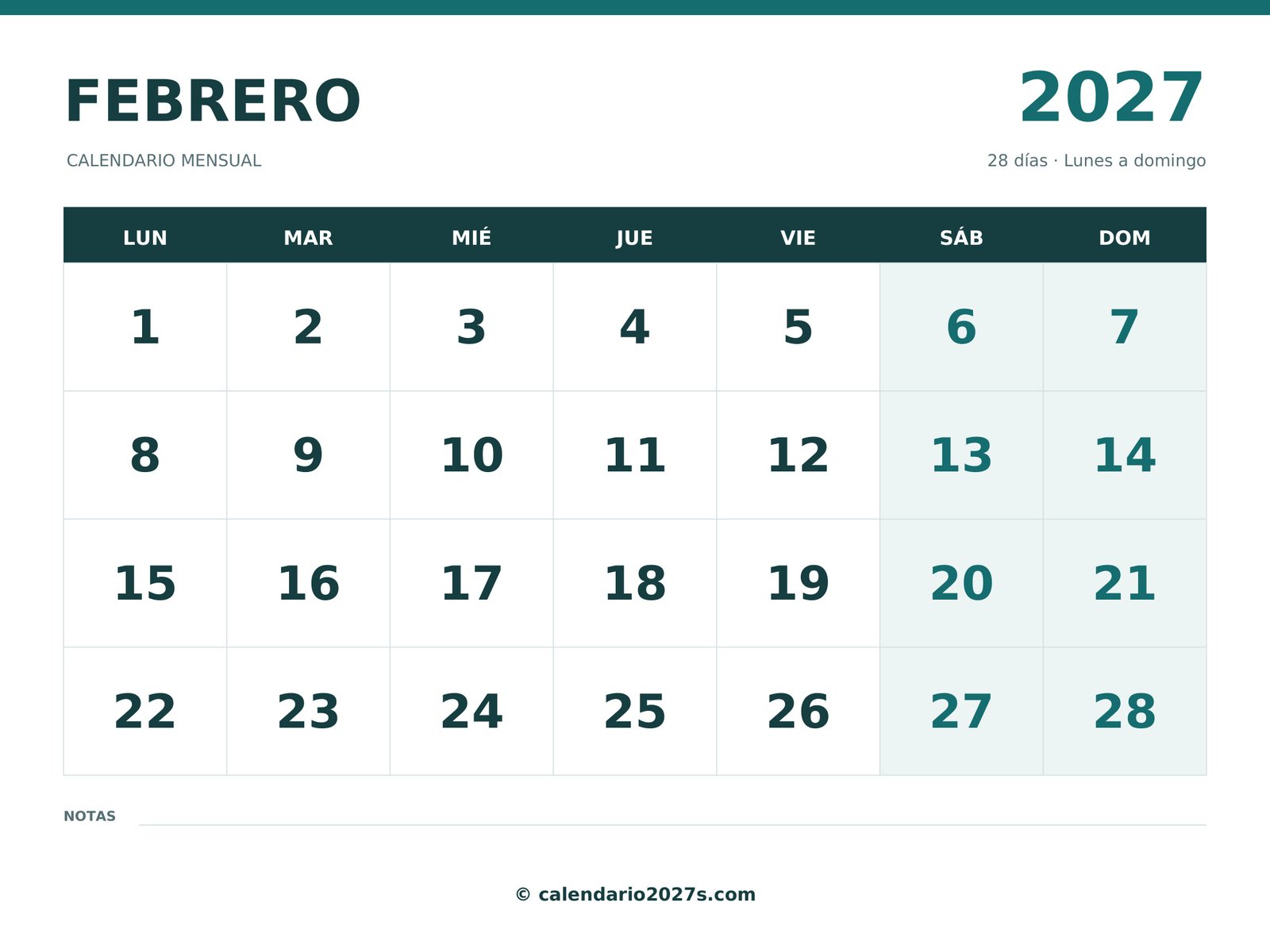 Calendario de febrero de 2027