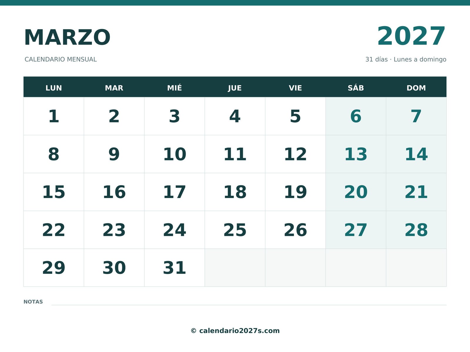 Calendario de marzo de 2027
