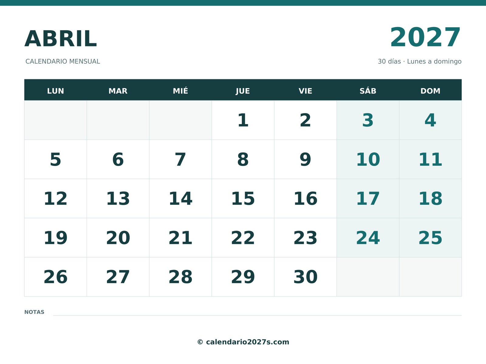Calendario de abril de 2027