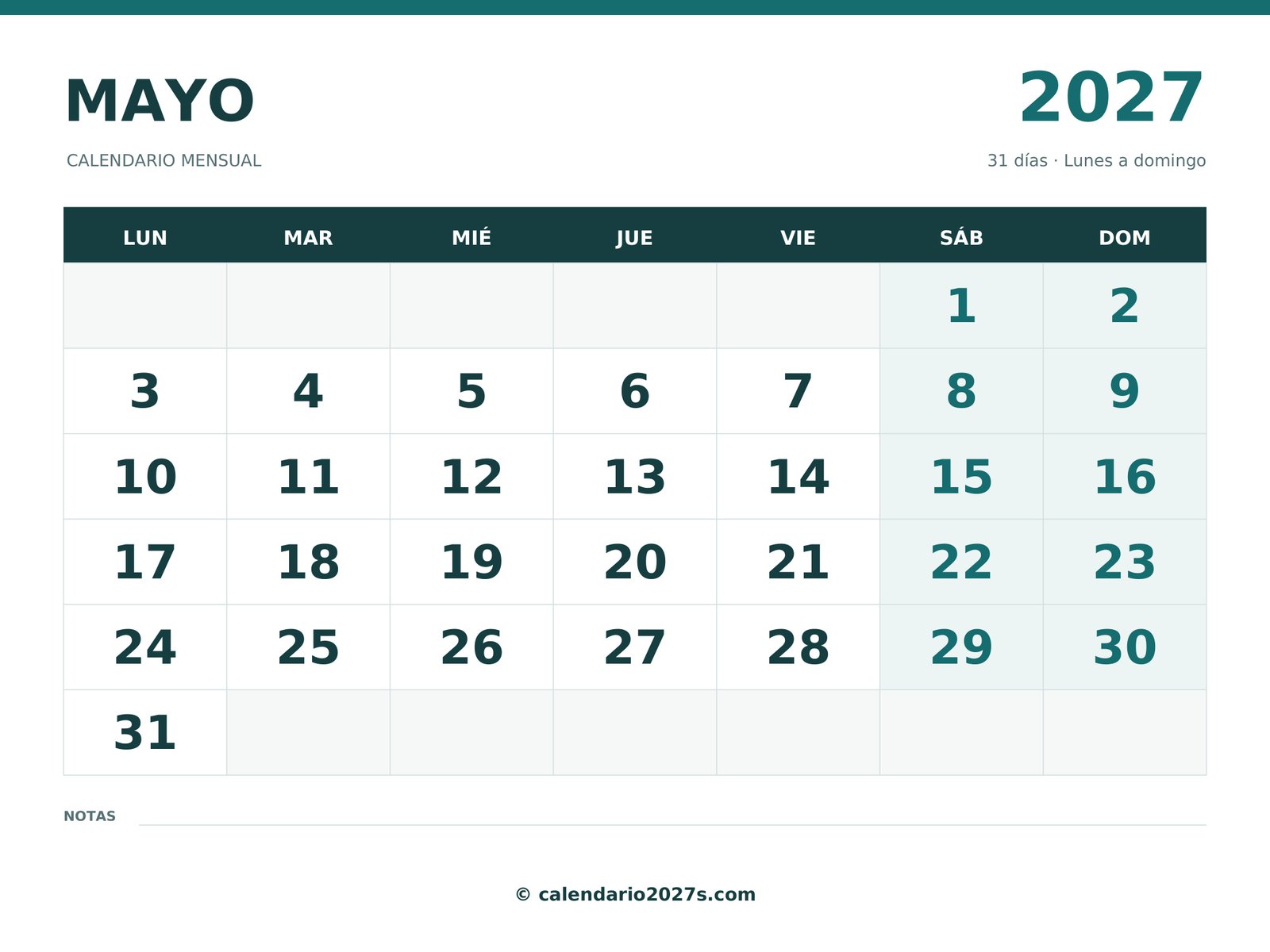 Calendario de mayo de 2027