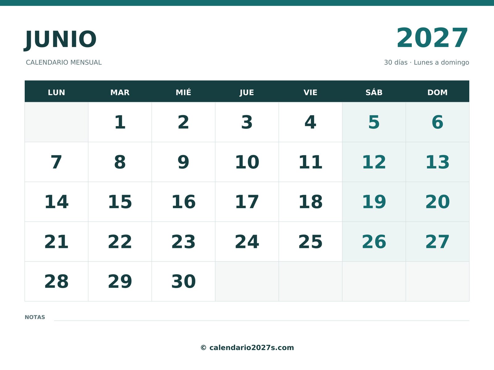 Calendario de junio de 2027