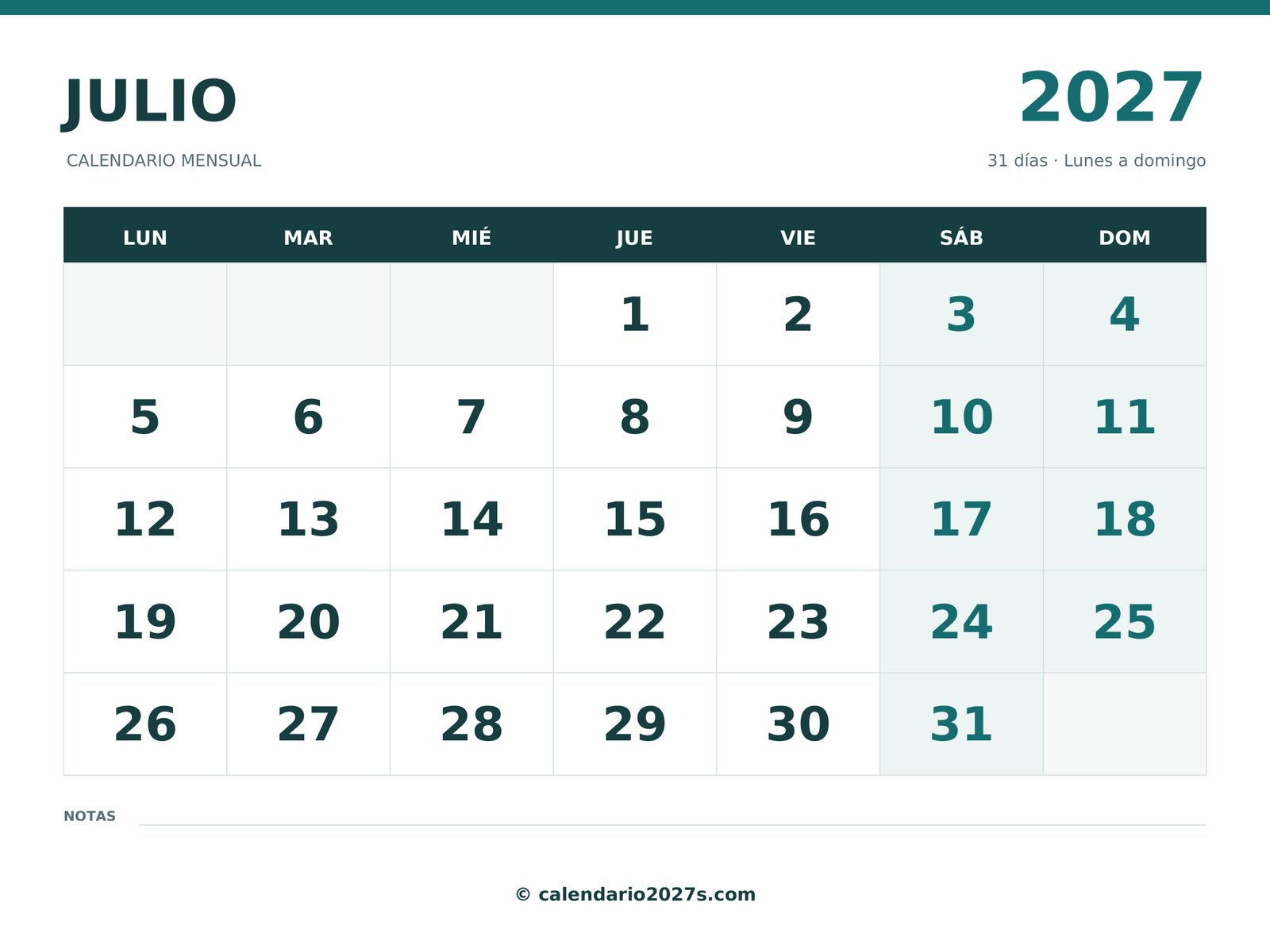 Calendario de julio de 2027