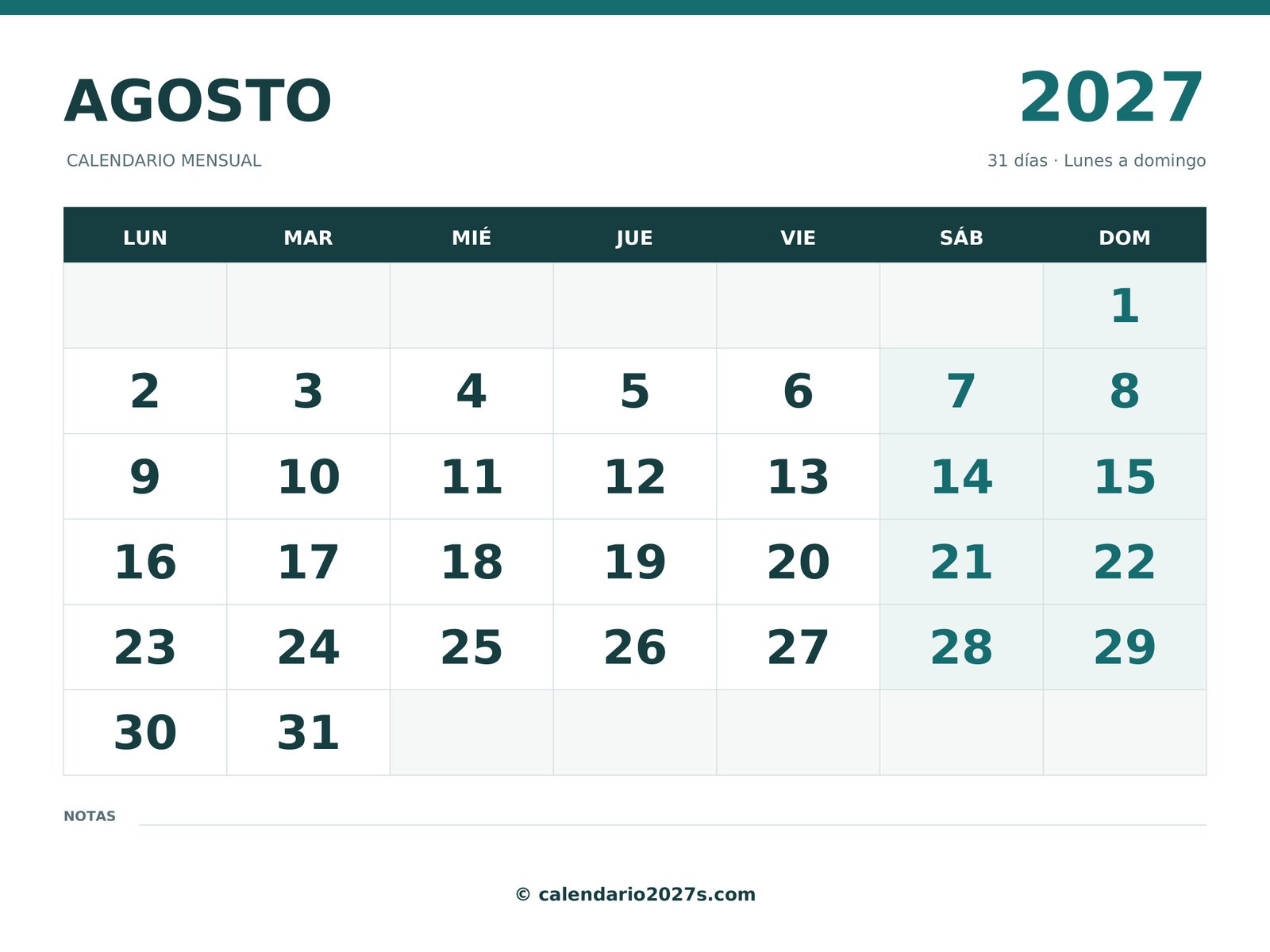 Calendario de agosto de 2027