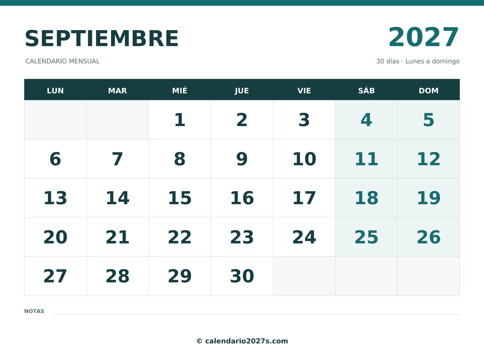 Calendario de septiembre de 2027