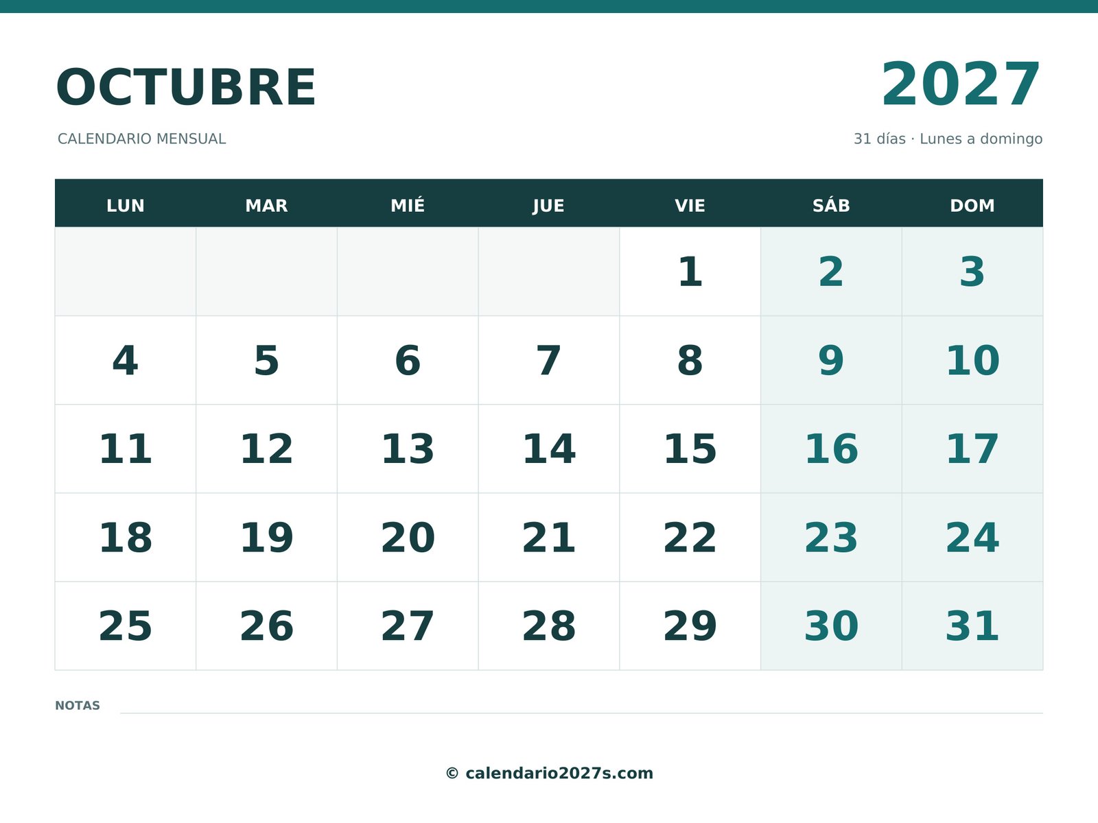 Calendario de octubre de 2027