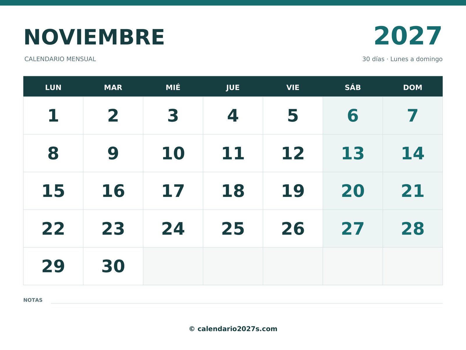 Calendario de noviembre de 2027