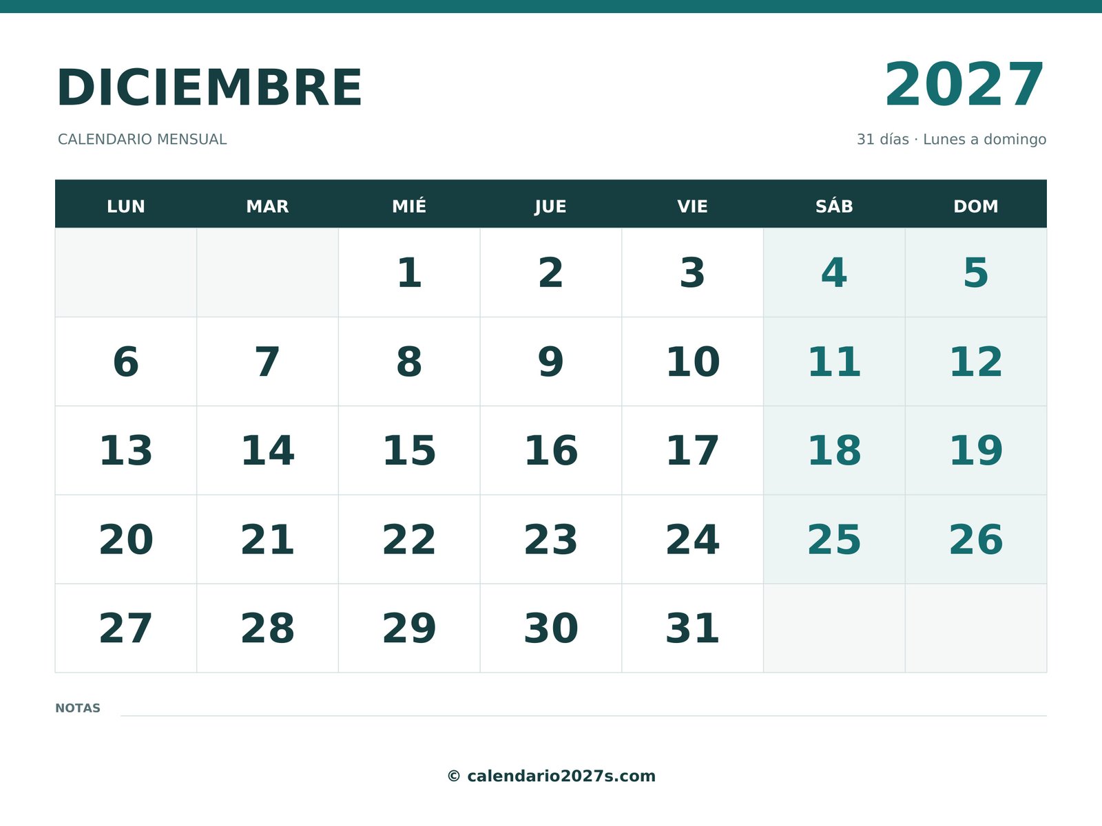 Calendario de diciembre de 2027