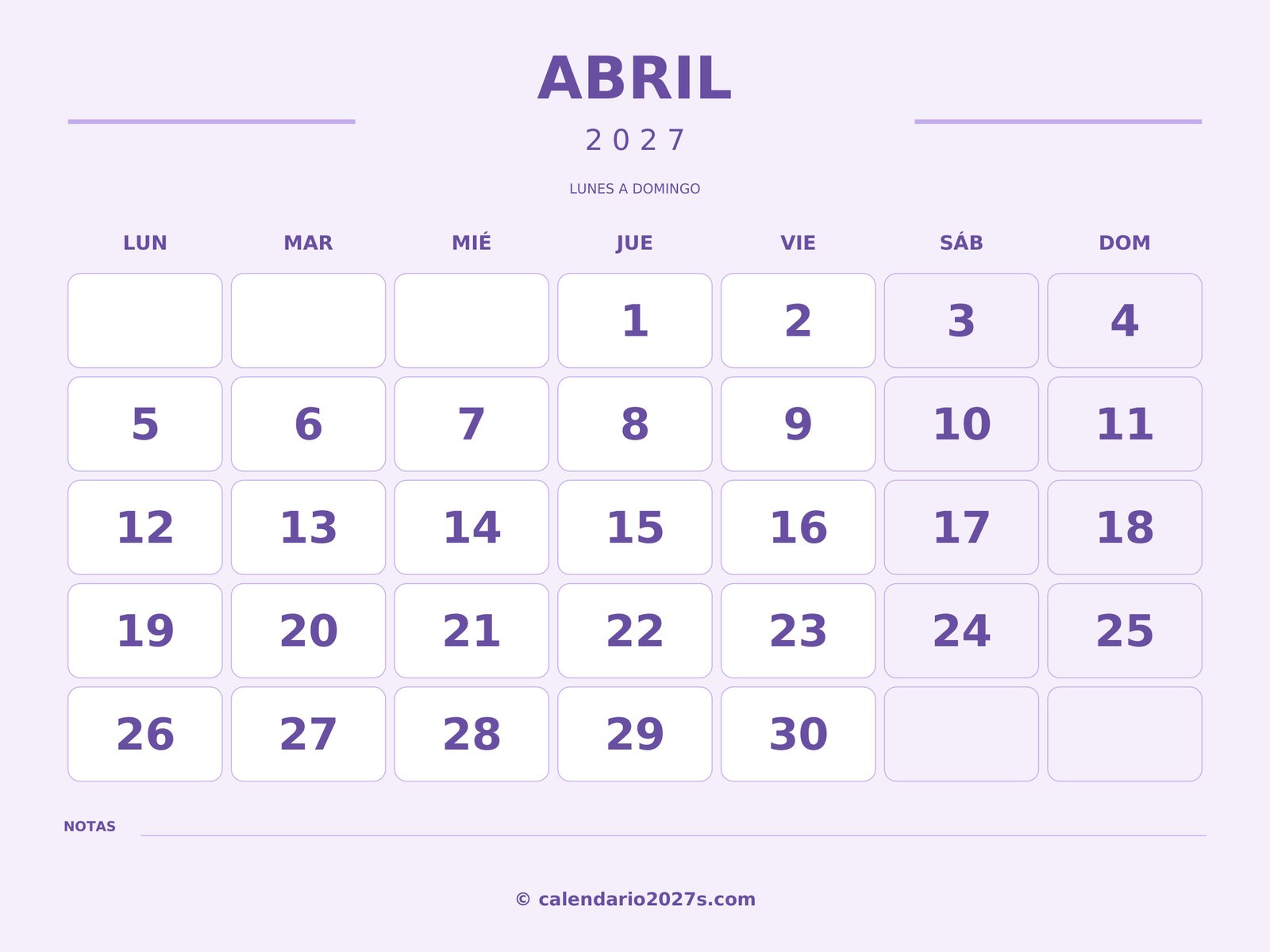 Calendario de abril de 2027