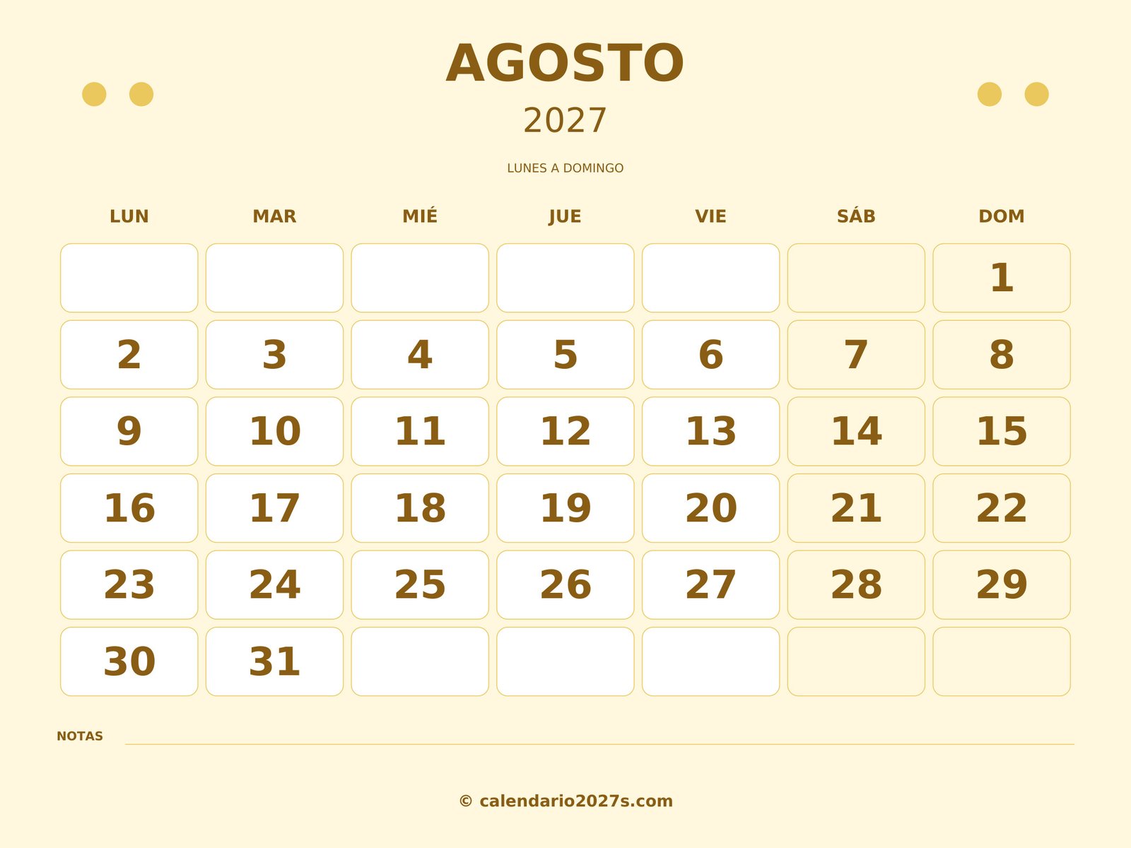 Calendario de agosto de 2027