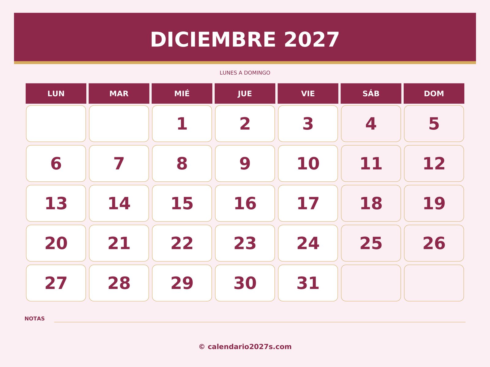 Calendario de diciembre de 2027