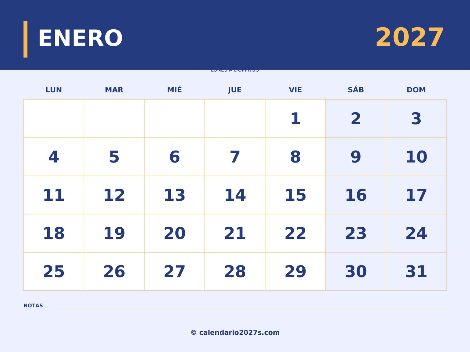 Calendario de enero de 2027
