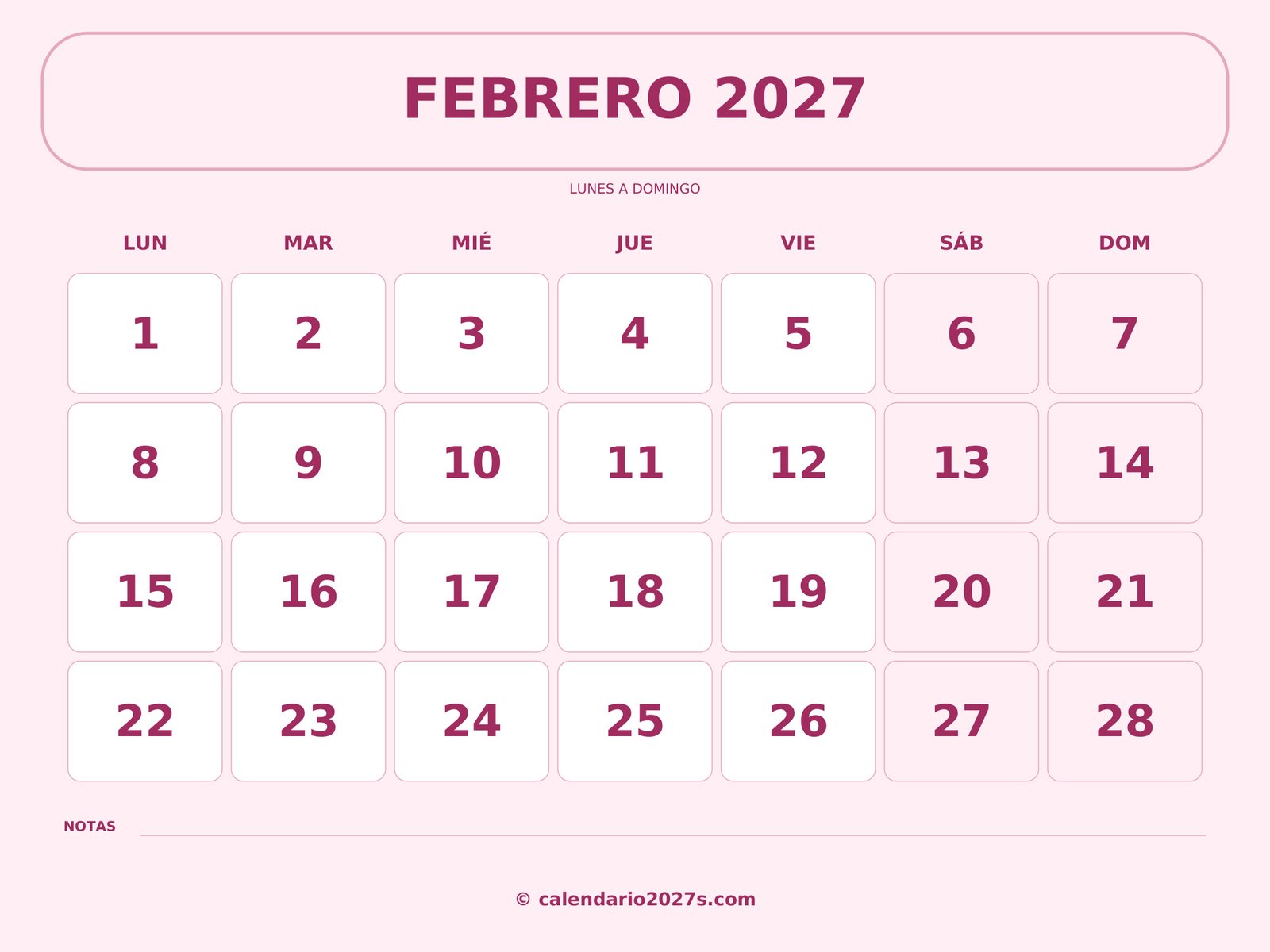 Calendario de febrero de 2027