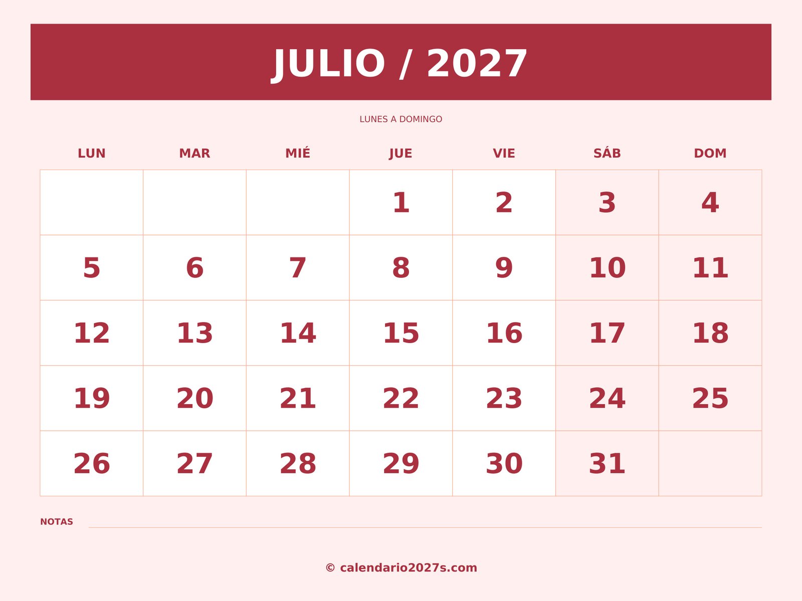 Calendario de julio de 2027