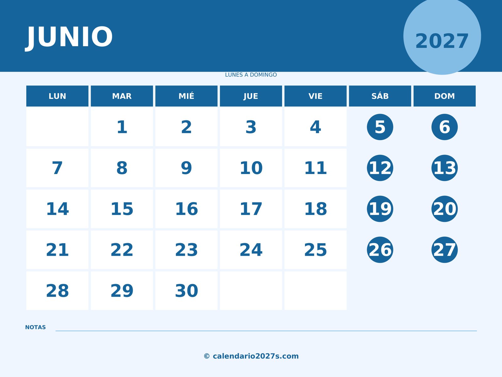 Calendario de junio de 2027