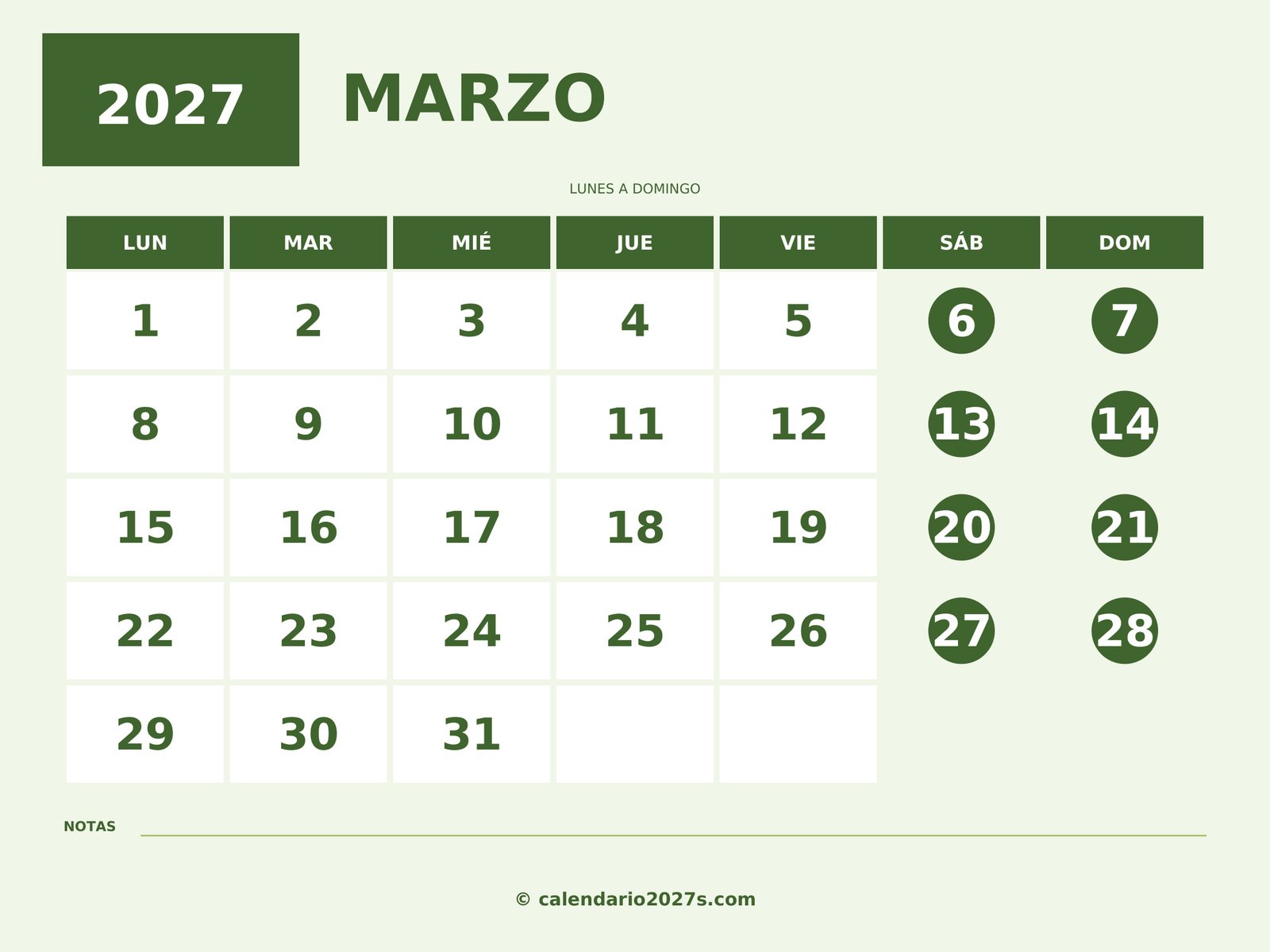 Calendario de marzo de 2027