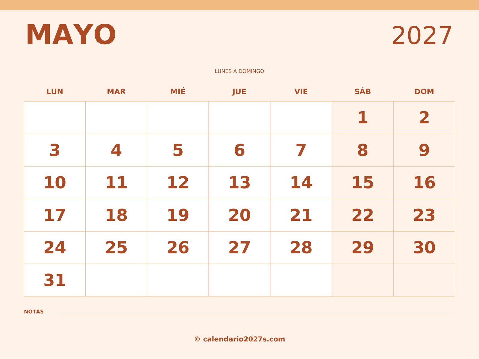 Calendario de mayo de 2027