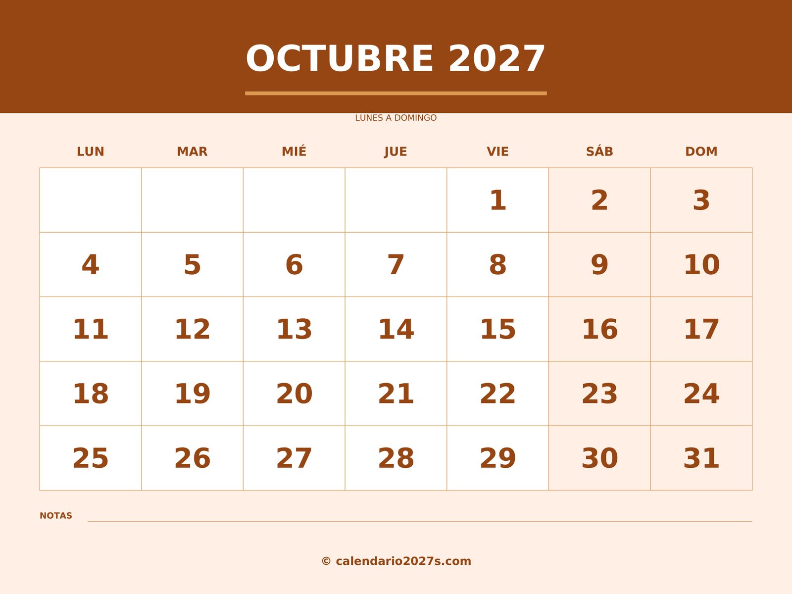Calendario de octubre de 2027